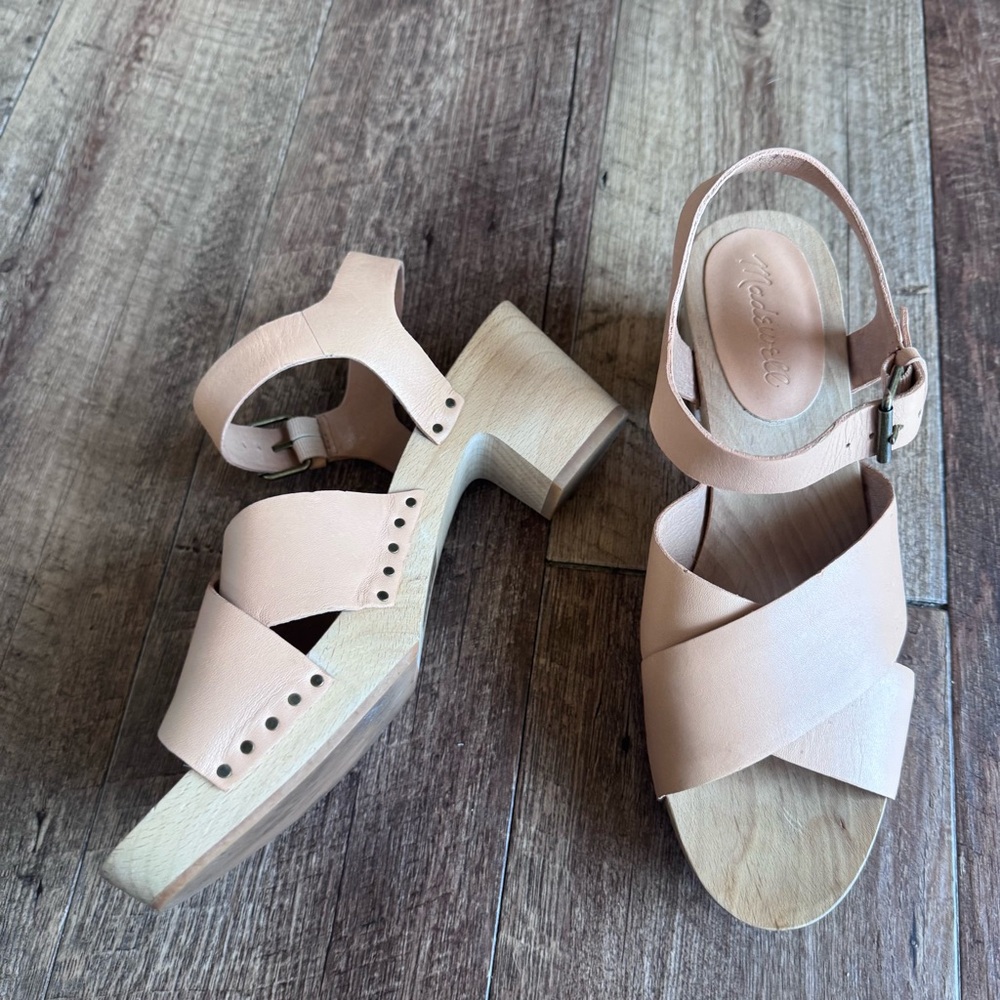 Madewell the Johanna Tan Leather wooden heel Women's Sandals size 8 - Picture 5 of 10